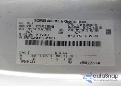 2017 Ford F-250 Xl z USA, uszkodzony, nr VIN 1FD7X2A66HEC11612